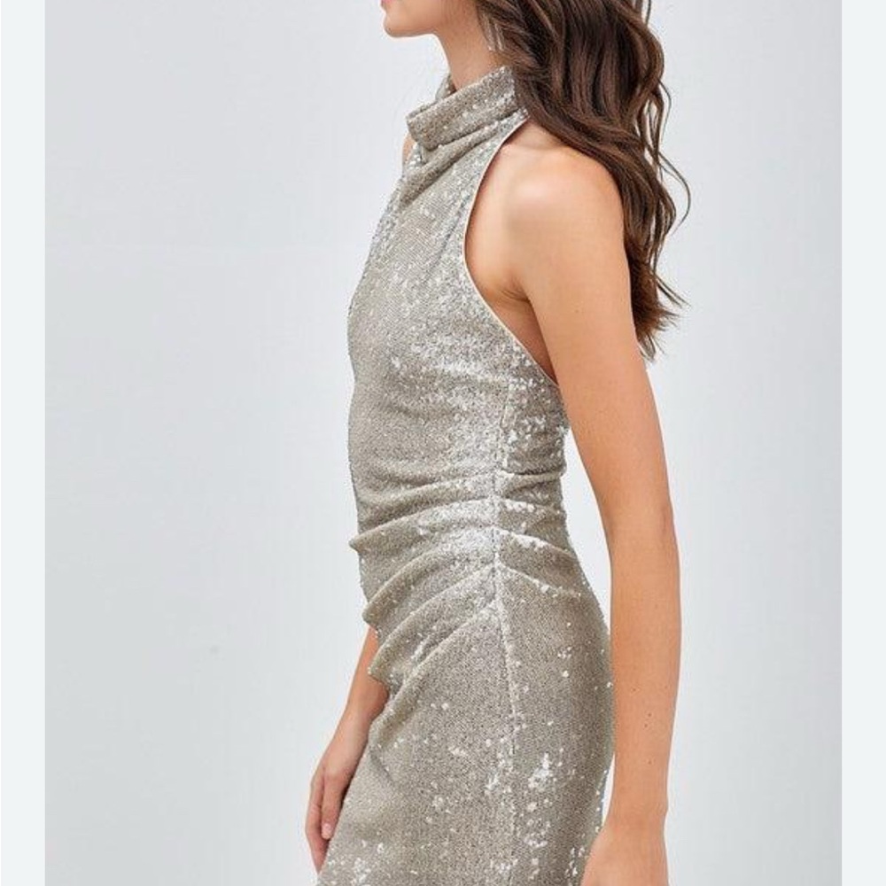 DO+BE Silver Sequin Backless Halter Dress